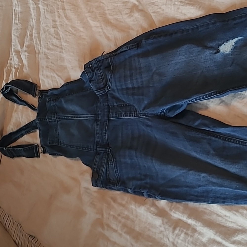 Dark wash, distressed overalls.